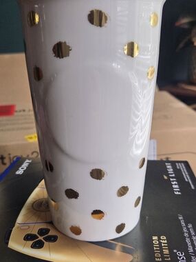 Starbucks White Ceramic Tumbler with Gold Polka Dots